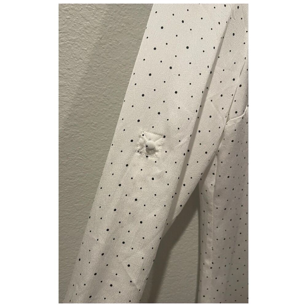 EXPRESS Slim Polka Dot Ruffle Neck Antique White Blouse - Picture 4 of 6